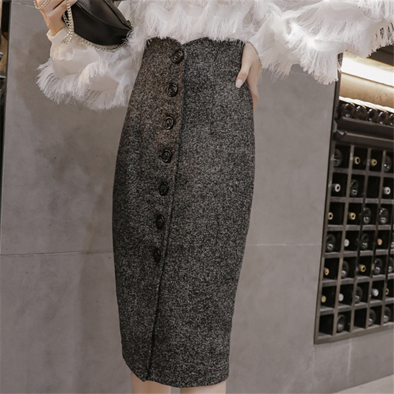 Neophil High Waist Woolen Button Pencil Midi Skirts Office Ladies Office Elegant Grey Winter Wool Wrap Skirts Faldas S1738 T200106
