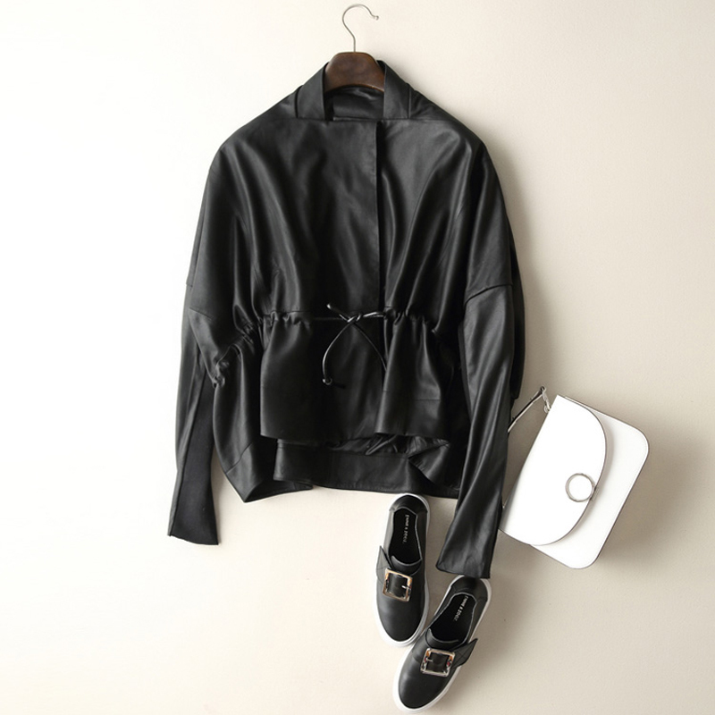 Women's Clothing Great Texture Women Loose Casual Genuine Leather Jacket Female Imported Frosted Sheepskin Drawstring Waist Coat 201030