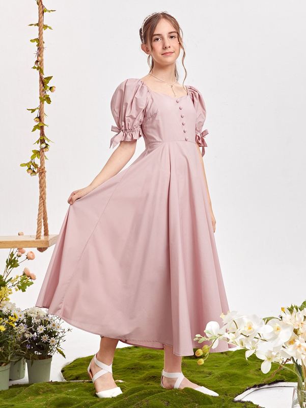 Teen Girls Bow Detail Puff Sleeve Button Front Dress SHE