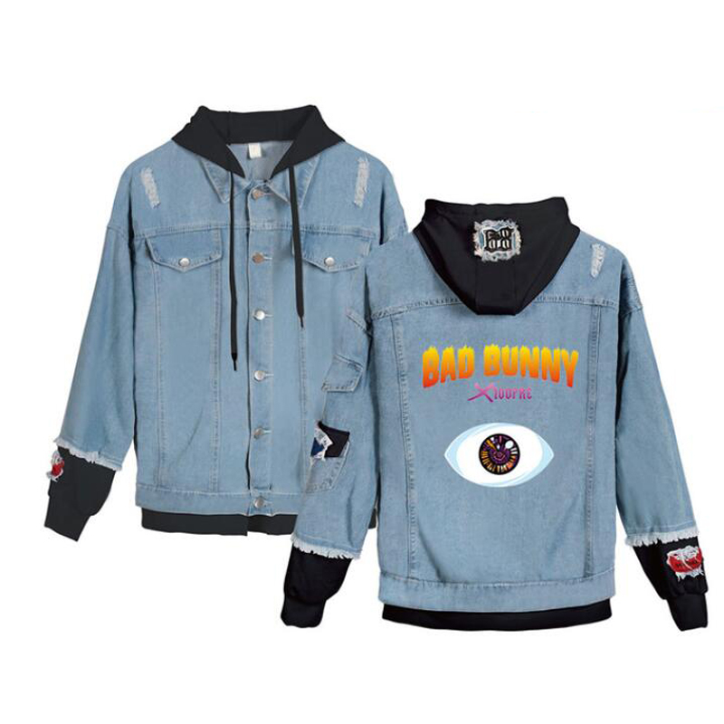 Rapper Bad Bunny Hooded Denim Jacket Women Men Fashion Single Breasted Pocket Plus Size Vintage Streetwear Jeans Coat Female, Black;brown
Rapper Bad Bunny Hooded Denim Jacket Women Men Fashion Single Breasted Pocket Plus Size Vintage Streetwear Jeans Coat Female, Black;brown