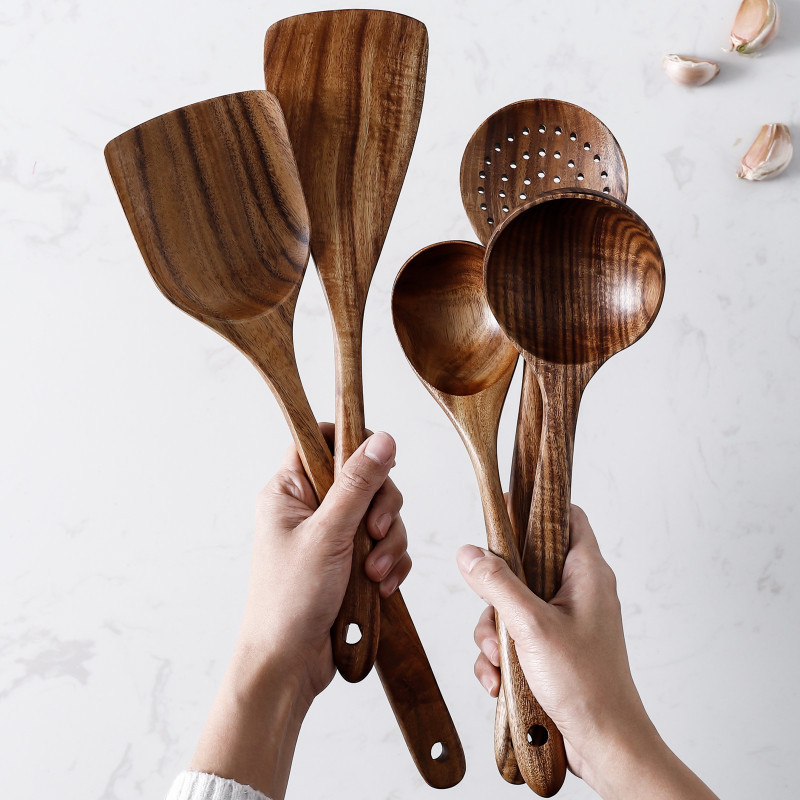 17pcsset Teak natural wood tableware spoon colander spoon special nano soup skimmer cooking spoon wooden kitchen tool kit4009513