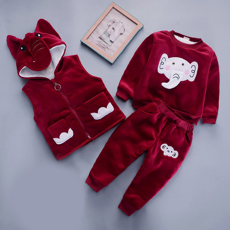 Bear Leader Girls Kids Winter Cartoon Warm Suits 3PCS Zipper Vest with Hat and Cat Pattern Sweat and Striped Pants Girls OutfitsX1019