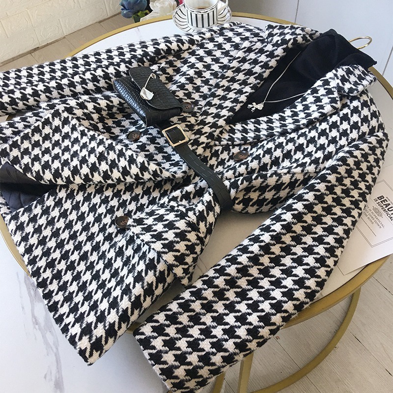 Winter women jacket new Korean version with waist bag houndstooth woolen coat suit thick and loose office ladies casual overcoat 201126