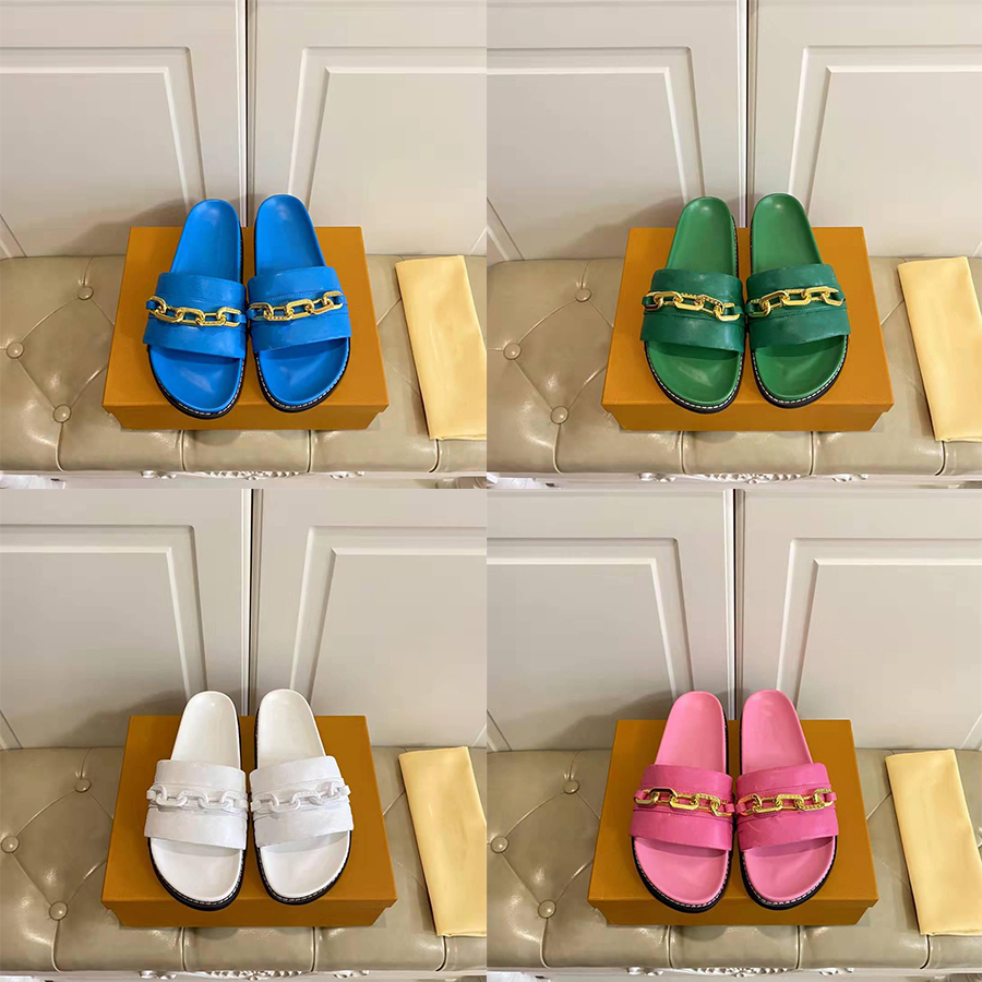 Designer Slippers 2022ss New spring PASEO FLAT COMFORT Slippers Men Women Embossed Lambskin Accessorized Oversized Gold-Tone Chain Slides With box, Color5
Designer Slippers 2022ss New spring PASEO FLAT COMFORT Slippers Men Women Embossed Lambskin Accessorized Oversized Gold-Tone Chain Slides With box, Color5