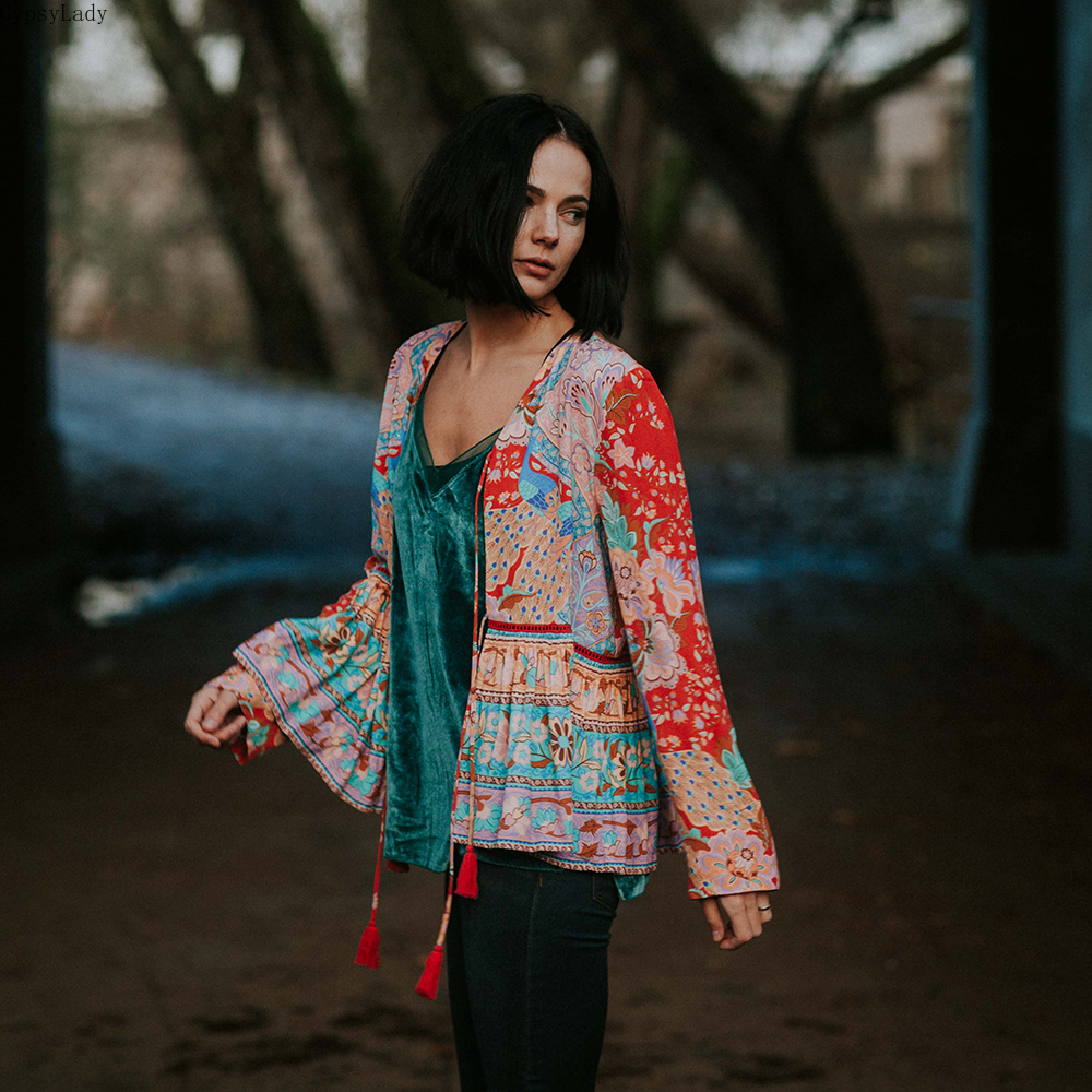 Gypsylady Summer Floral Print Jacket Long Sleeve Boho Jacket For Women Tassels Gypsy Folk Hippie Chic Female Jackets New 201017