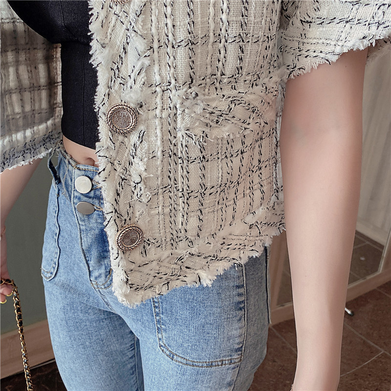 Summer clothes Thin Tweed Jackets Women Summer Short Sleeve Cropped Jacket Streetwear Fashion Wide-waisted Single Breasted 201026