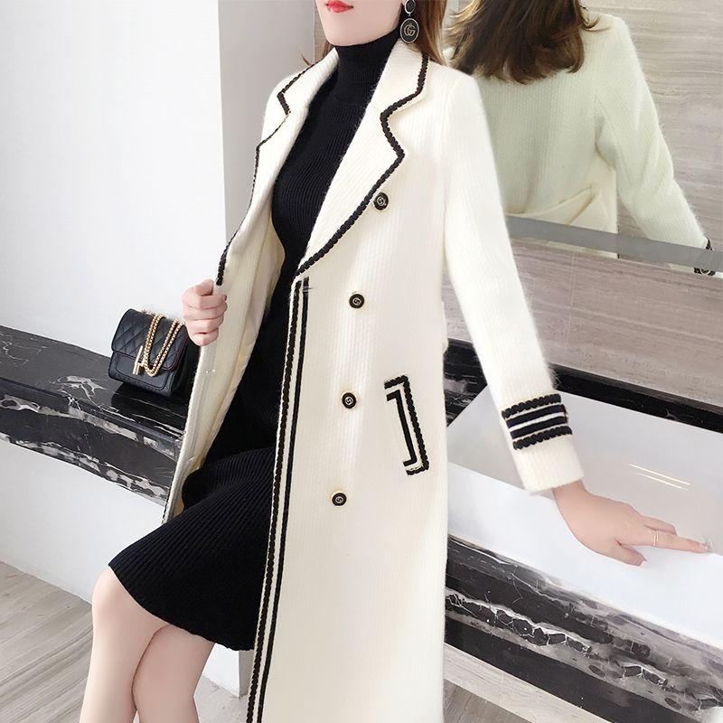 Womens Winter Wool Imitation Mink Veet Jacket, Ivory White Loose Mid-Length Thickening Coat, Double Breasted V-Neck Long Sleeve B3