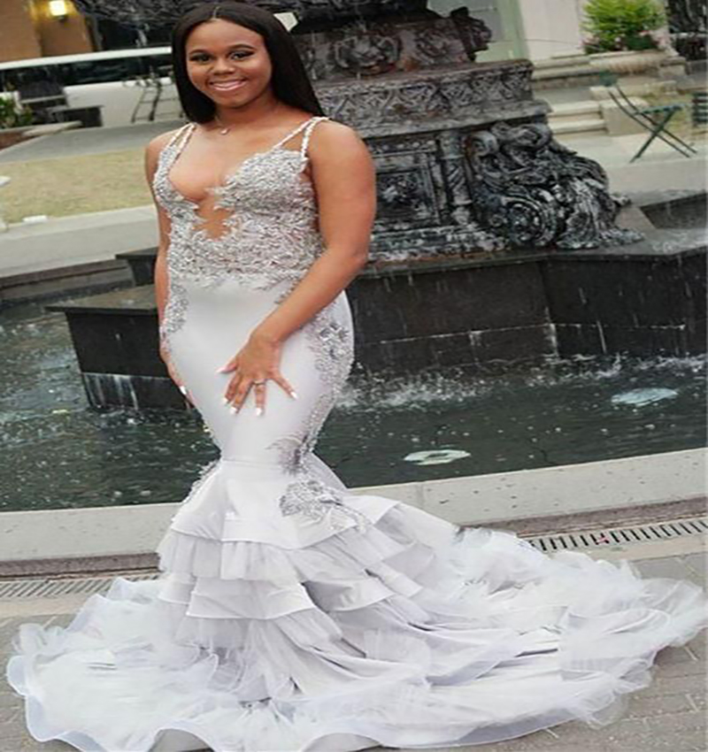 Aso Ebi Silver African Prom Dress With Lace Sexy V Neck Trumpet Mermaid Evening Gowns 2022 Black Girls Formal Pageant Occasion Party Dress Robes De So