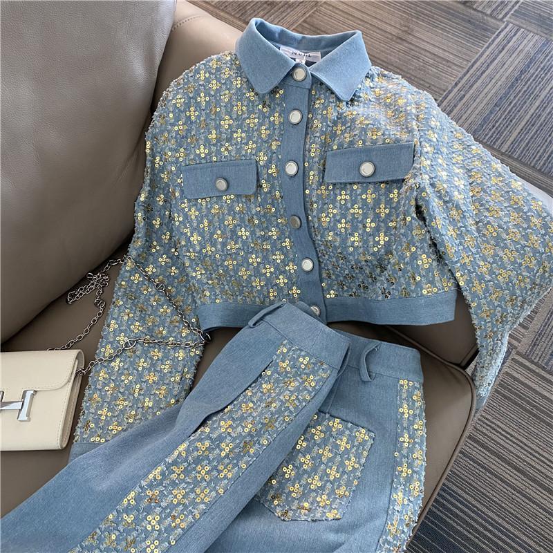 Women Suits: Sequined Embroidery Jacket with High Waist Wide Leg Trousers - Two Piece Denim Pants Set for Stylish Outfits C260312