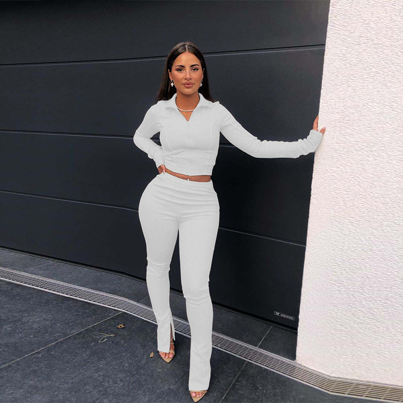 HAOYUAN Sexy Two Piece Set Jumpsuit Long Sleeve Top+Side Split Pants Fall Clothes for Women Tracksuit Club Outfits Matching Sets 201007