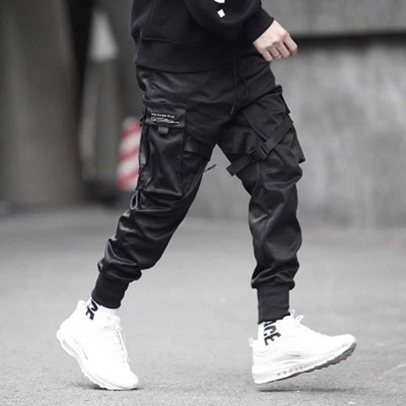 Ribbons Cargo Pants Men Casual Streetwear Harajuku Pants Hip Hop Trendy casual youth slim pants Stylish Men's Jogger Trousers T200219