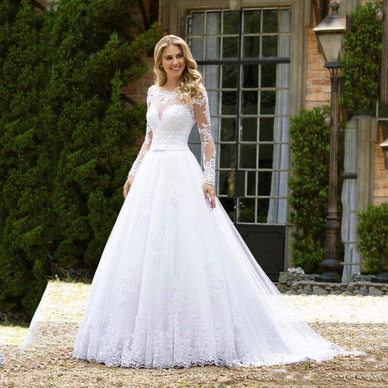 Long Sleeves Lace Wedding Dresses 2021 with Sash Appliques Court Train Jewel Neck Tulle A Line Wedding Bridal Gowns, White
Long Sleeves Lace Wedding Dresses 2021 with Sash Appliques Court Train Jewel Neck Tulle A Line Wedding Bridal Gowns, White