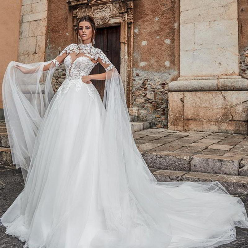 High Neck White A Line Wedding Dress Lace Applique Sheer Beach Garden Bridal Gowns vestidos de novia