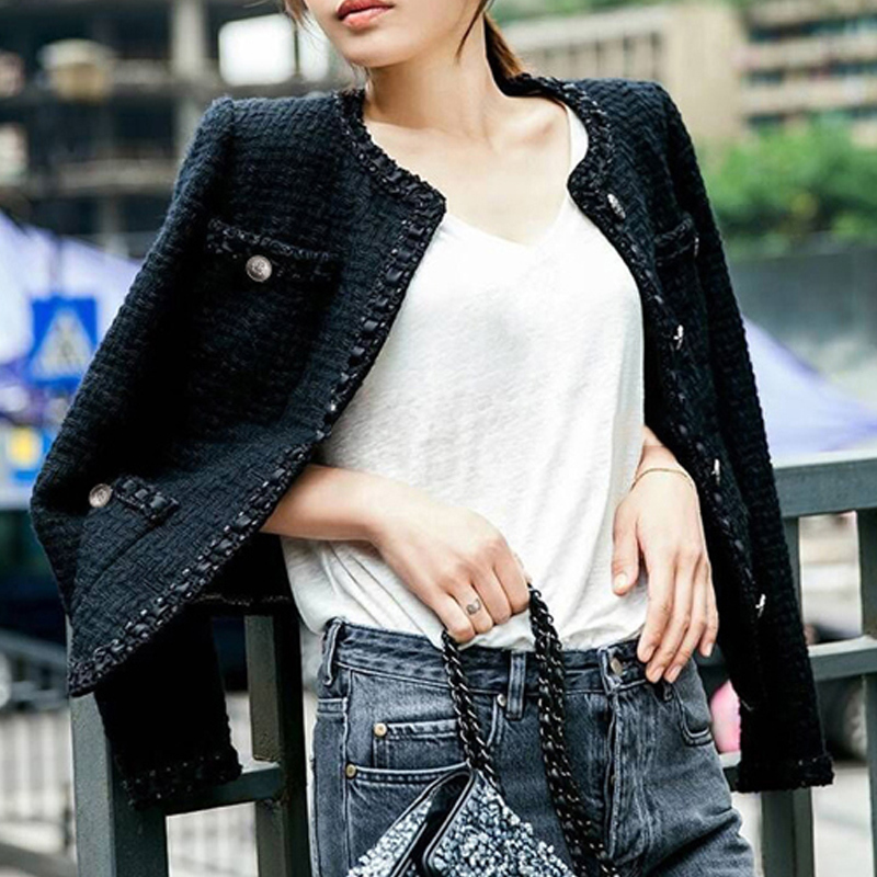 Black tweed women jacket spring / autumn / winter woolen coat new Wool classic jacket Ladies 201014