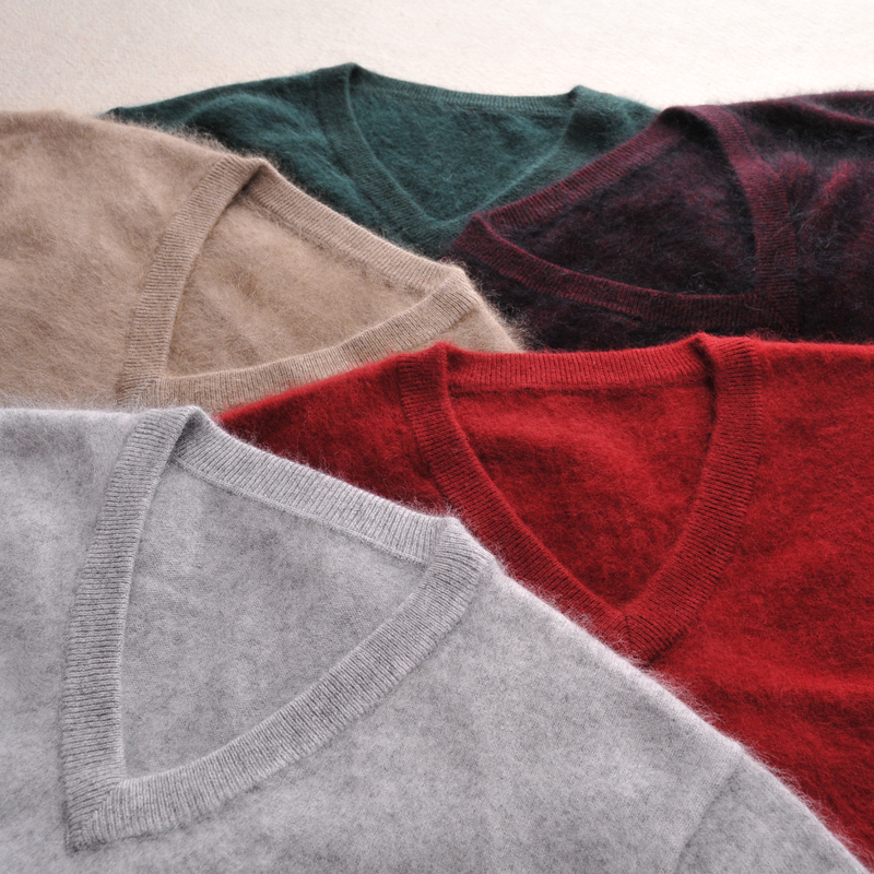 Mink Cashmere Sweater Men Long Sleeve Pullovers Outwear Man V-Neck sweaters Tops Loose Solid Fit Knitting Clothing 9 Colors 201224