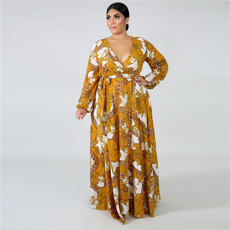 Plus size 3XL 4XL 5XL Summer Women bigger size one-piece dress long sleeve maxi dress sexy loose print dresses Bohemian long skirts 4352