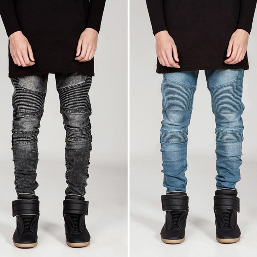 Black Motorcycle Biker Jeans Men Skinny Fit Denim Pants Hip Hop Men Stretch Denim Jeans homme Pencil Pleated Jeans TrousersQ30 201128