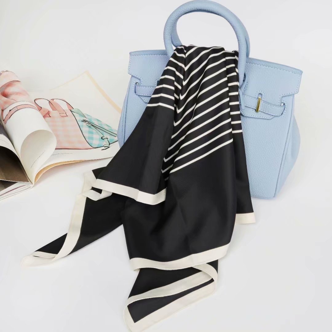 New Ladies mature scarf temperament lady style simple Korean black and white stripe small scarf bag handle ribbon silk scarf