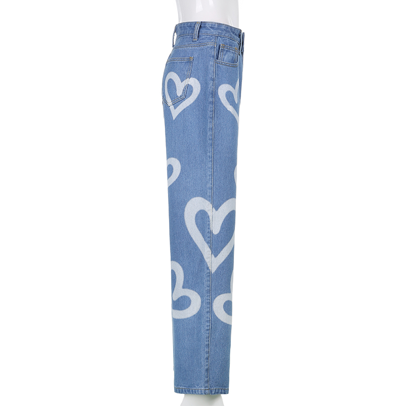 Women Causal Vintage Jeans Heart Printed Baggy Jeans Women High Waist Lady Jeans Denim Streetwear Trousers