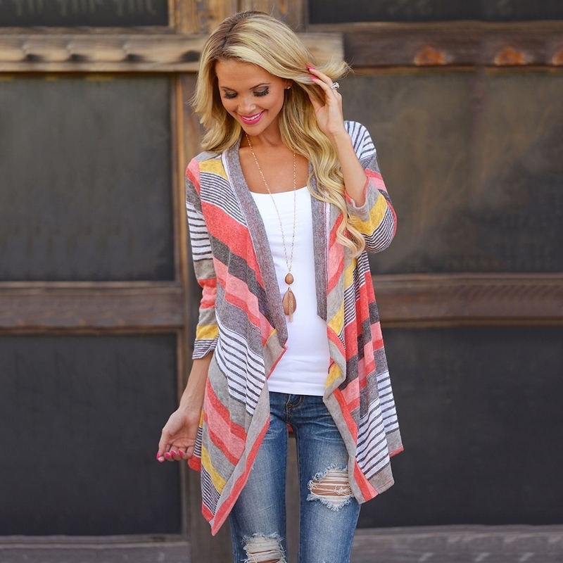 New European Women's Stripe Clothing Soft And Comfortable Coat Female Retro Women Autumn 3/4 Sleeve Knitted V-Neck Cardigan 201031