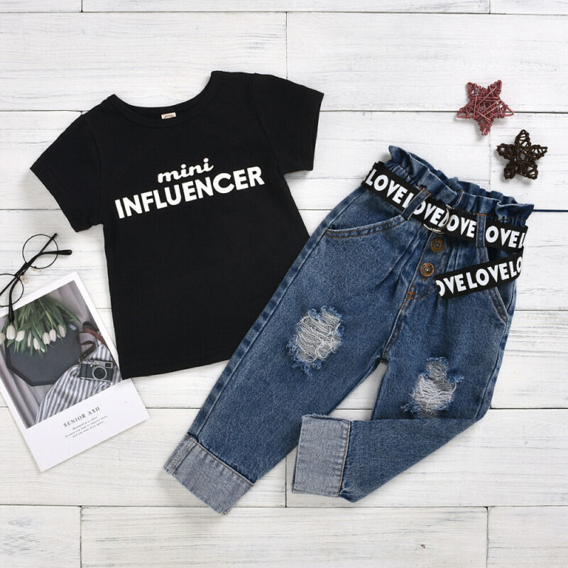 Citgeett Summer Toddler Kids Baby Girl Tops Letters Black T-Shirt Denim Pants Jeans Outfits Clothes Fashion SetX1019