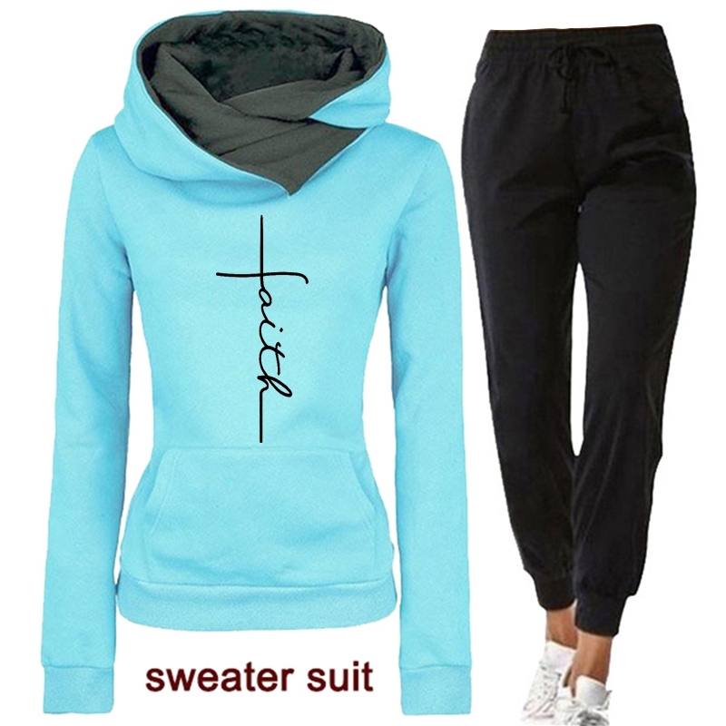 Winter Woman Tracksuit 2 Piece Set Hoodies+Pants Faith Embroidered Sweatshirt Long Sleeve Pullovers Casual Warm Women's Suit 201113