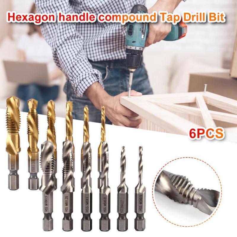 6PCS M3-M10 Screw Tap Drill Bits HSS Taps Woodworking Metric Combination Bit High Speed Steel Titanium 1/4" IN Quick Change Hex
6PCS M3-M10 Screw Tap Drill Bits HSS Taps Woodworking Metric Combination Bit High Speed Steel Titanium 1/4" IN Quick Change Hex