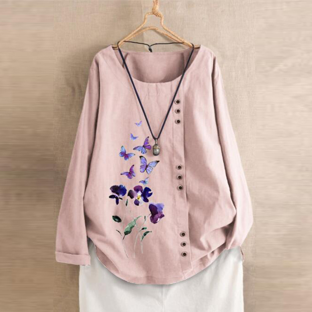 JAYCOSIN 5XL T Shirt Women Long Sleeve Cotton Linen Ladies Tops Kaftan Baggy O-Neck Botton Casual vintage tee shirt femme blusas 201028