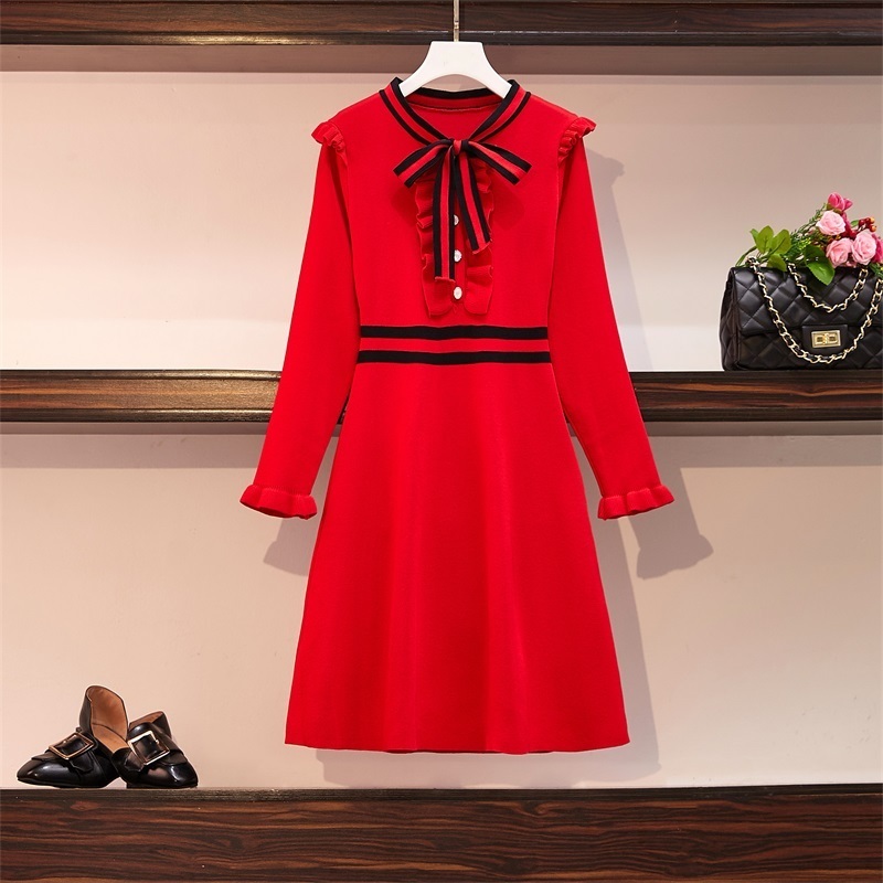 Elegant Long Sleeve Ruffles Knitted Dress Women Bow Collar Striped A-Line Dress Female Autumn Winter Short Sweater Dress 201110