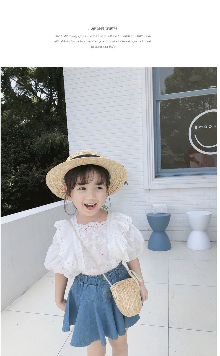 New Fashion Hollow out Children's Sets Baby Girls set white Lace Top + Denim skirt Two-Piece Set 2-7 Can Wear Y1107