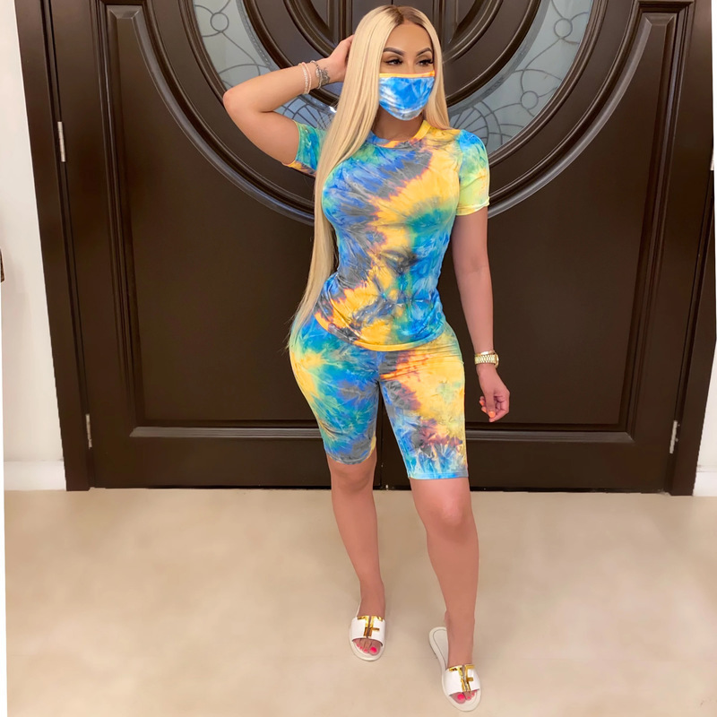 Tie Dye Print Short Two Piece Set Women Summer Clothes Top and Biker Shorts Sets Sportswear Casual 2 Piece Sets Womens Outfits 201104