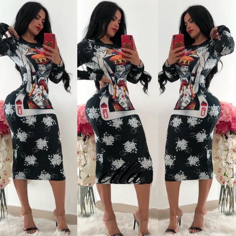 Autumn Women Fashion Personality Women's Poker Queen Mid Long Sleeve Dress Round Packet Hip Waist Dress SXXL T200320