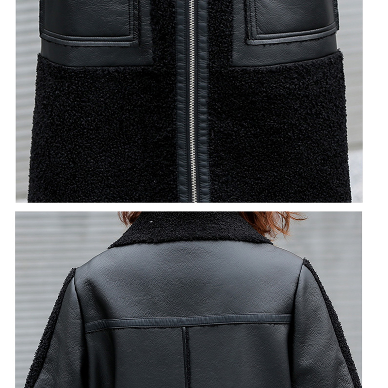 Winter Women Sheepskin Long Coats Thick Eco-leather Lambskin Wool Fur Big Pockets Jackets Splicing Black Motorcycle Outwear 201226