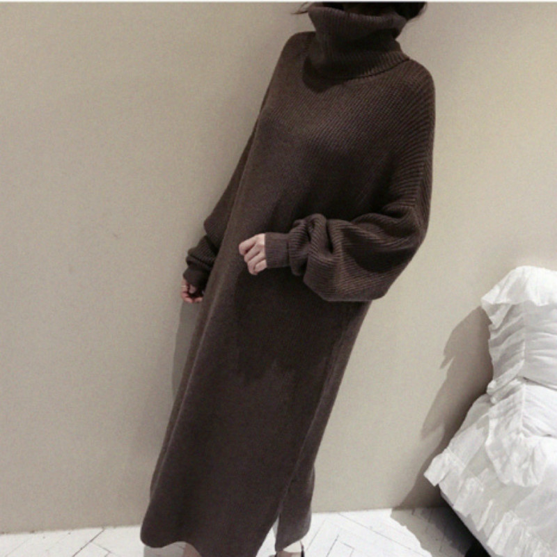 Women Autumn Winter Thicken Turtleneck long Sweater Dress ladies oversized long sleeve split knitted pullover dresses casual 201110