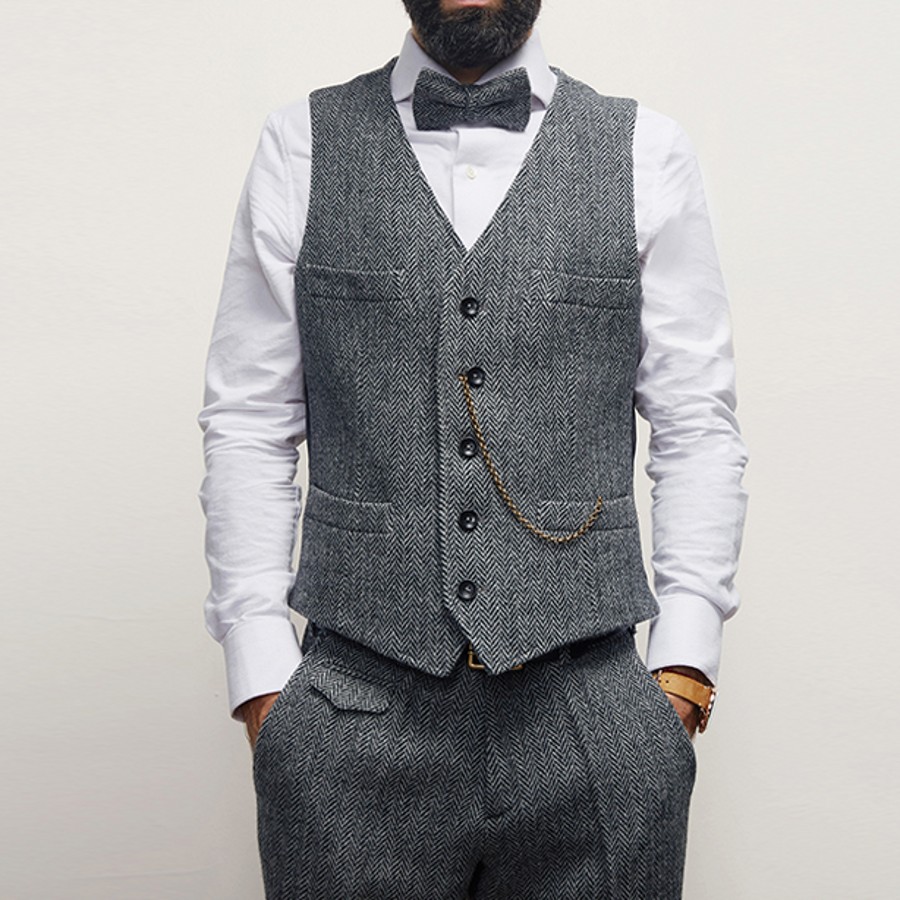 2021 Classic Gray Groom Vests Wool Groomsmen Vest Slim Fit Mens Dress Suit Vest Prom Dinner Party Wedding Attire Waistcoat Custom Made