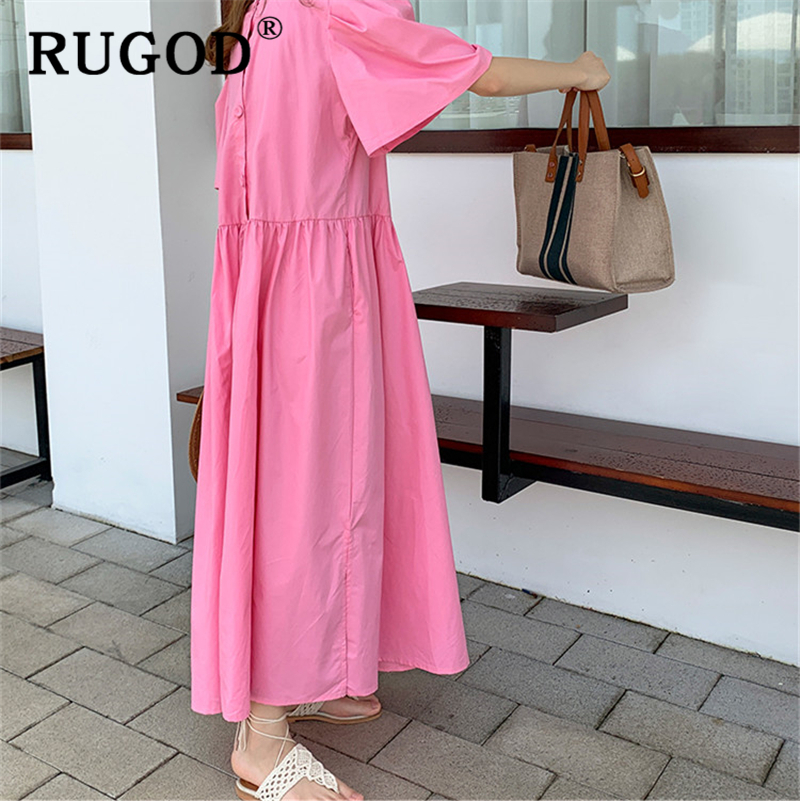 RUGOD Korean ins solid loose summer dress Fashion back singlebreasted ladies dress Casual square collor split maxi dress T200416