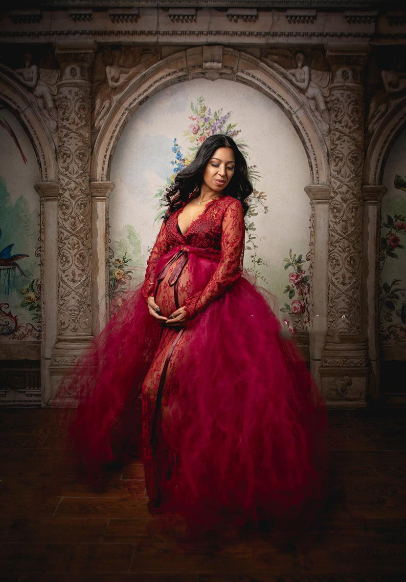 Red Lace Custom Made Maternity Women Dresses V Neck Long Sleeve Sleepwear Robes Party Prom Gowns For Photo Shoot