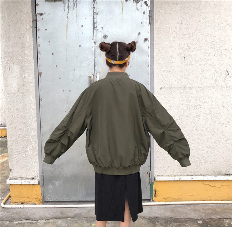 Women Bomber Jacket Boyfriend Oversize Long Sleeve Basic Coat Female Zipper Spring Armygreen Black Baggy Baseball Uniform Jacket 201022