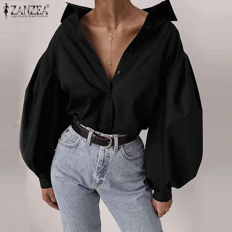 Stylish Puff Sleeve Shirts Women's Spring Blouse 2020 ZANZEA Casual Button Down Blusas Female Solid Tops Oversized Tunic 3XL T200801