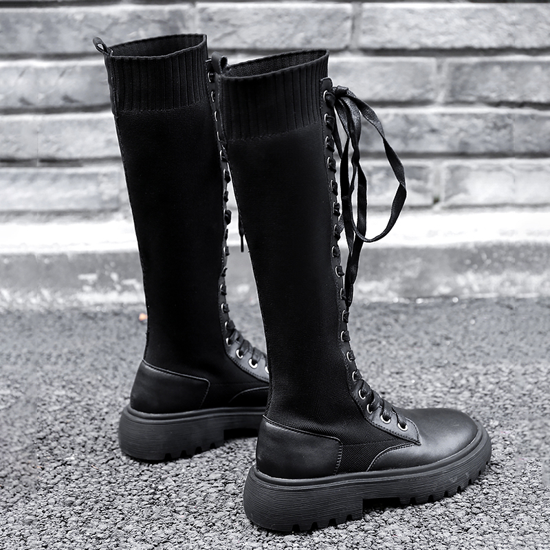 RASMEUP Leather Kintted Elastic Women's Knee High Boots 2020 Style Women Platform Long Boot Lace Up Lady Chunky Shoes Plus Size LJ201030