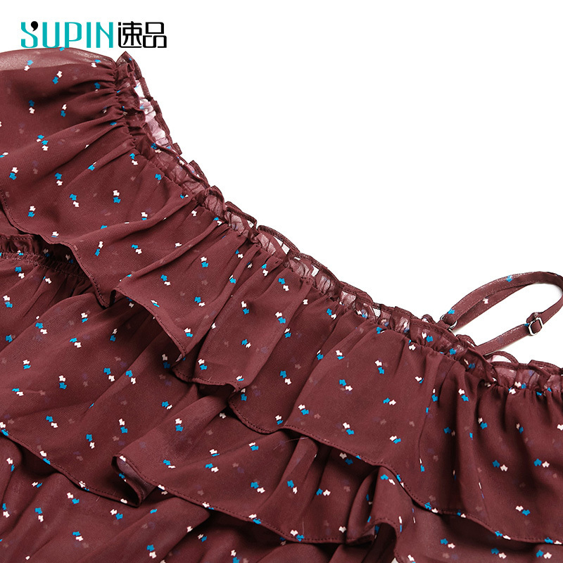 SUPIN Spring Women Ruffled Dresses Fashion Print Strap Short Sleeve Loose Mid Long Female Beach Dress 519270012 T200521