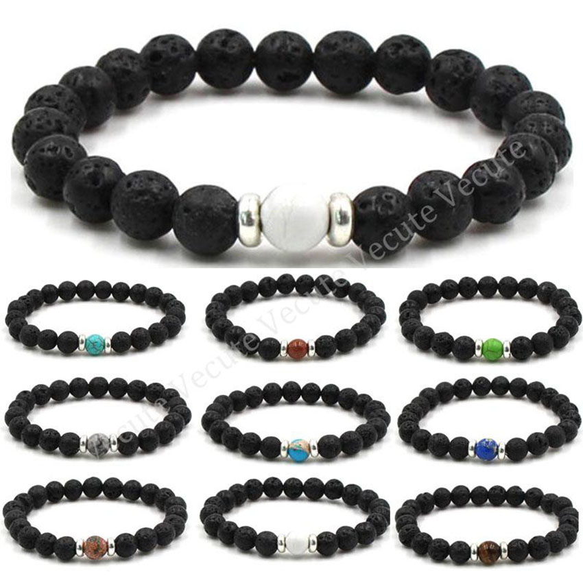 Black Natural Vocanic Rock Beaded Strand Bracelets Chakra Yoga Bracelet Essential Oil Diffuser Bracelets for Men Women Stone Hand Chain Wholesale Pric