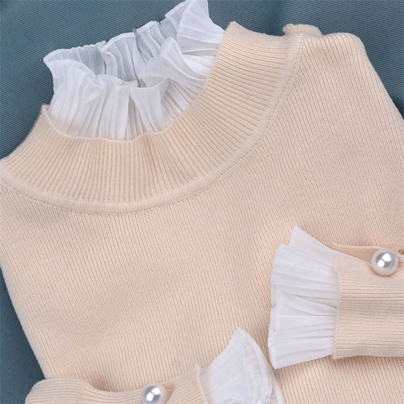 Women Turtleneck Sweater Autumn Winter Long Sleeve Sweet Patchwork Chiffon Pullovers Ladies Knitted Cashmere Jumper 201223