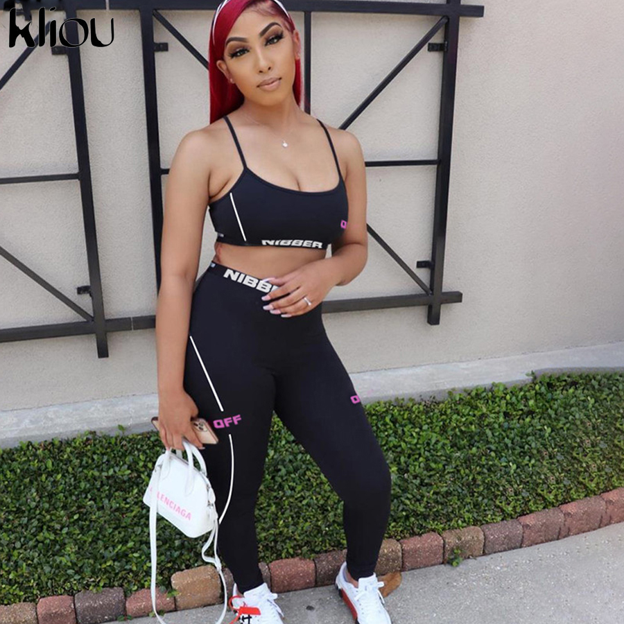 Kliou letter print tracksuit women fitness casual two piece set sporty sleeveless tank topstriped leggings fashion active wear T200826