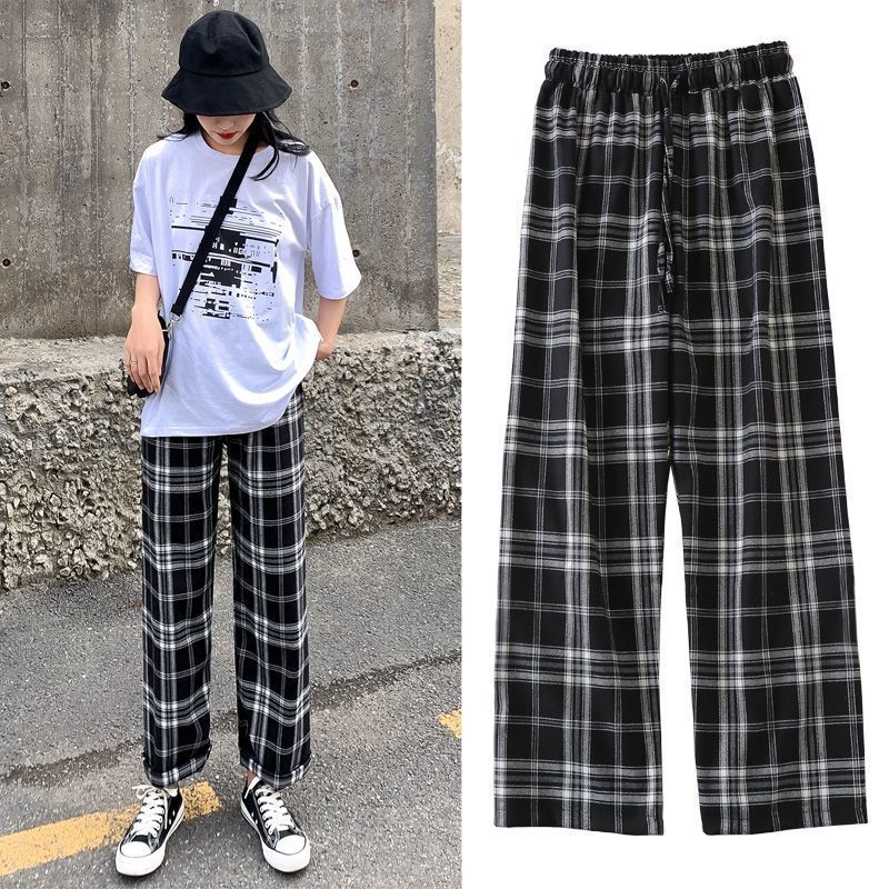 HOUZHOU Korean Style Wide Leg Pants Women Thin Summer Plaid Pants Plus Size Women Trousers Oversized Checkered Pants High Waist 201109