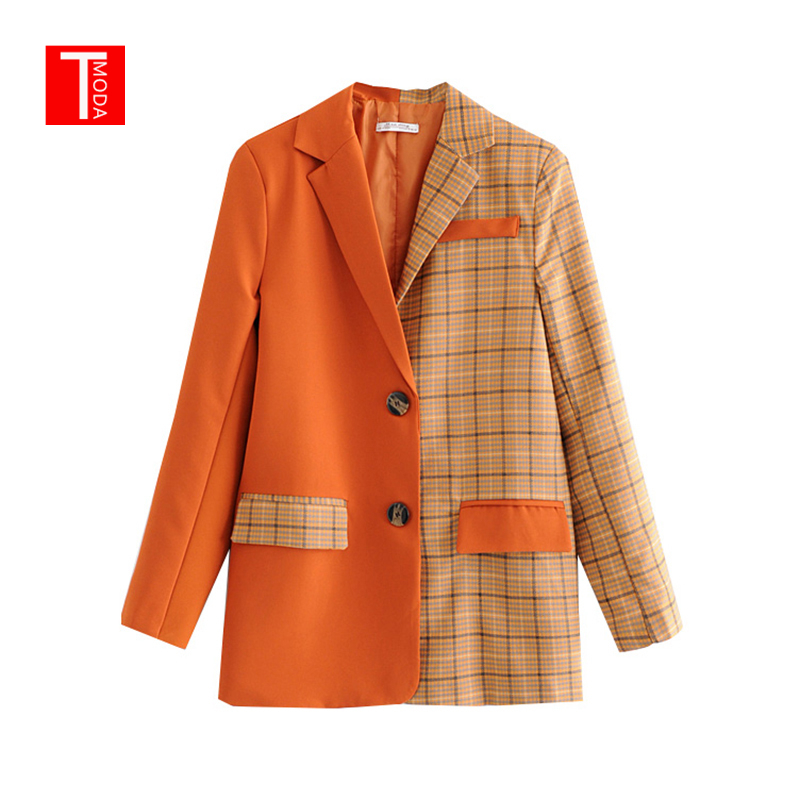 2019 Spring Fashion Women Casual Contrast Color Blazers Chic Patchwork Jackets Plaid Ladies Notched Collar Suits Coats Tops T200817