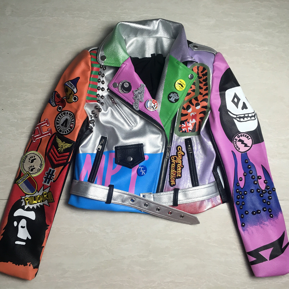 LORDXX Cropped Leather Jackets Women Hip hop Colorful Studded Coat New Spring Ladies Motorcycle Punk Cropped Jacket with belt 201017