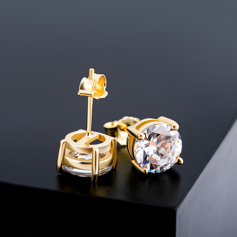 S925 Sterling Silver Stud Earrings Bling White Zircon Diamond Stone 18K Real Gold Plated Jewelry