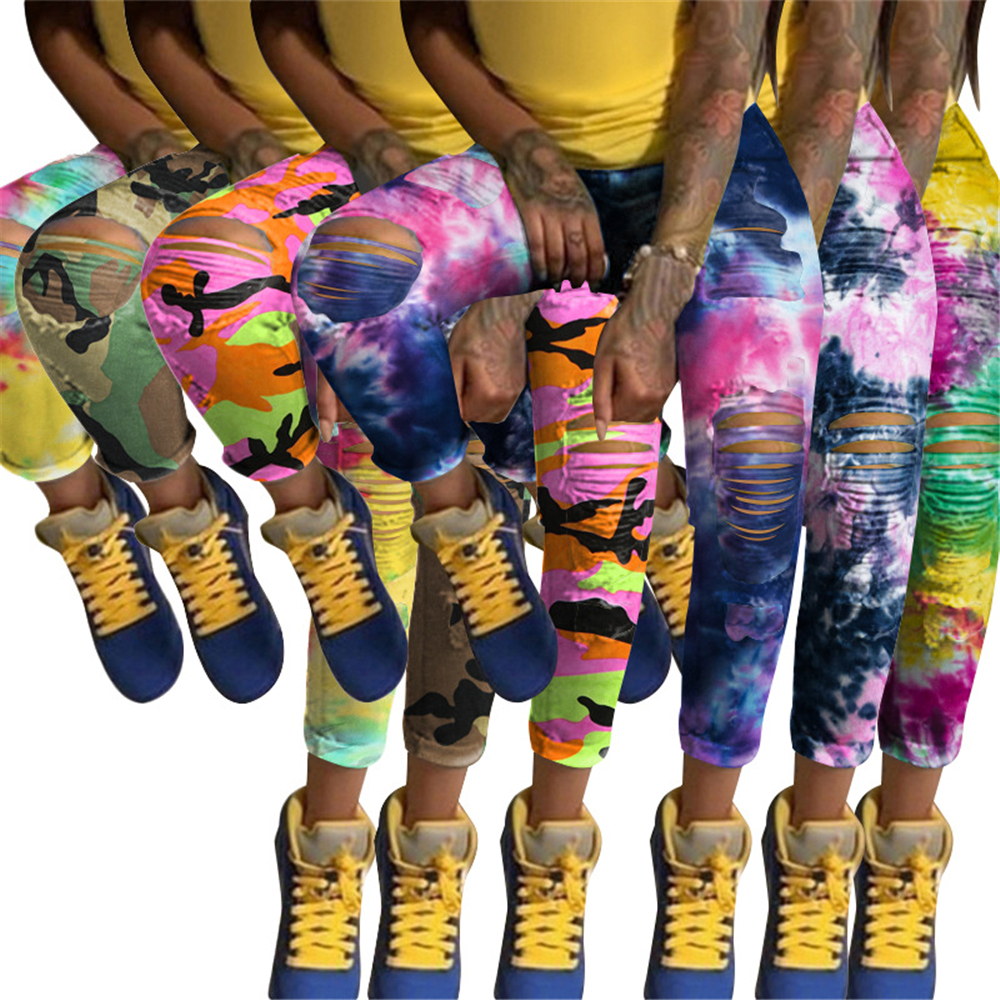 Tsuretobe Ripped Jeans For Women Tie Dye High Waisted Jeans Fashion Clothes For Women Plus Size Jeans Denim Pencil Pants Trouser LJ201012