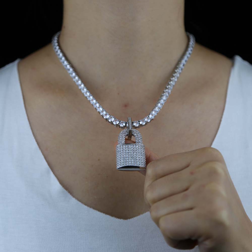 2024 NEW Iced Out Bling pendant Jewelry 5A Tennis Chain Full Micro Pave CZ Lock Pendants Hip Hop Women Necklace